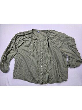 Old Navy Womens Olive Green Peasant Top 2X Button Down Lightweight Long Sleeve